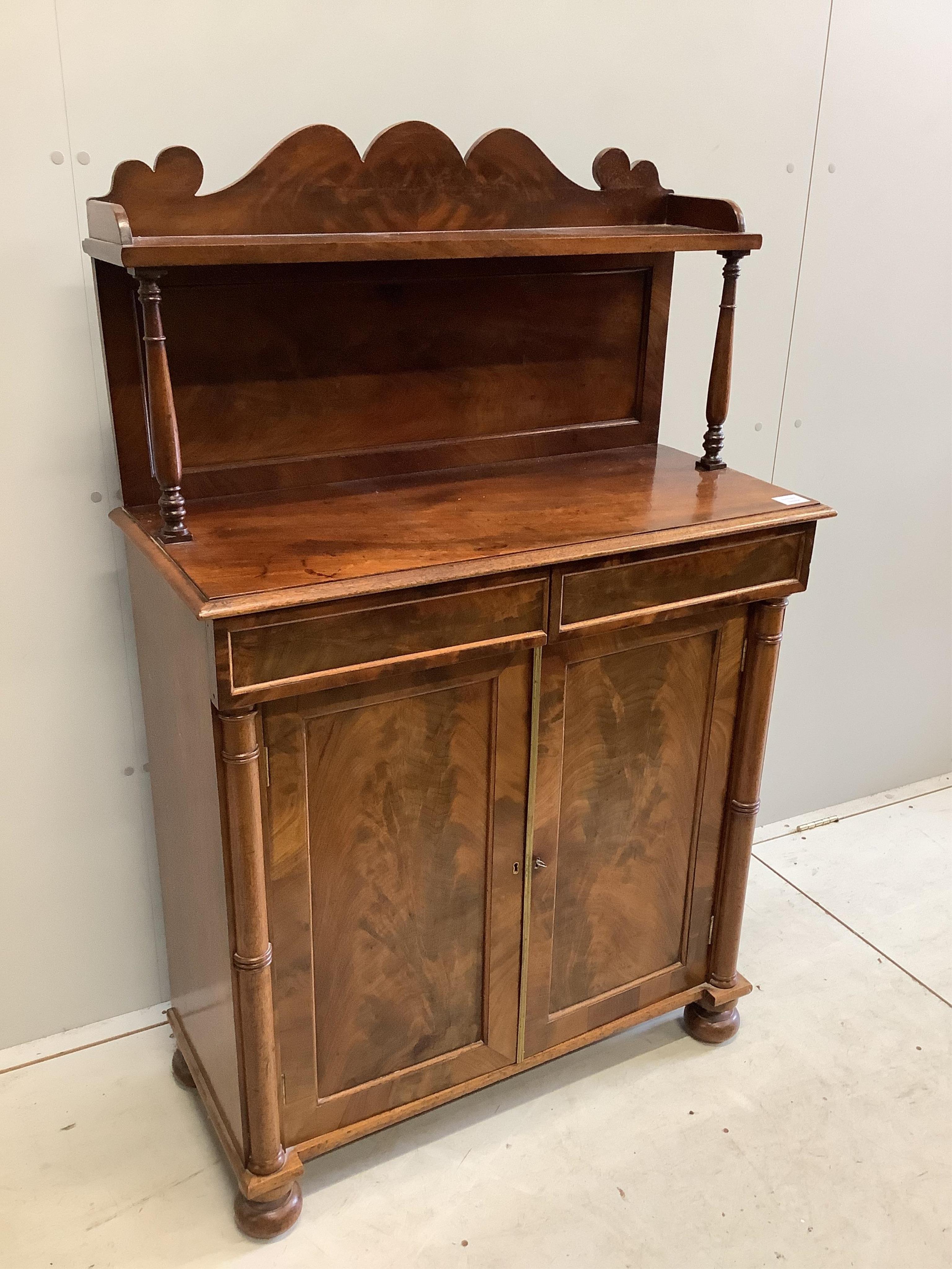 A Regency mahogany chiffonier, width 87cm, depth 39cm, height 136cm. Condition - fair